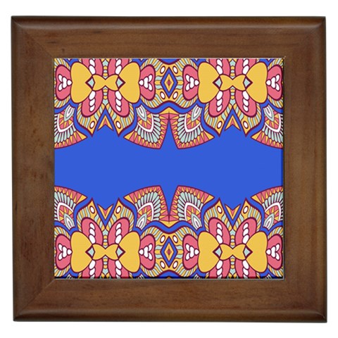 Yellow red shapes on a blue background                                                          Framed Tile from ArtsNow.com Front