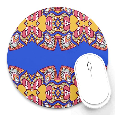 Yellow red shapes on a blue background                                                          Round Mousepad from ArtsNow.com Front