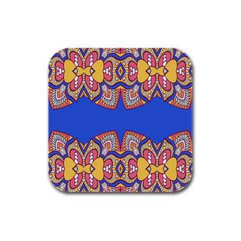 Yellow red shapes on a blue background                                                          Rubber Square Coaster (4 pack from ArtsNow.com Front