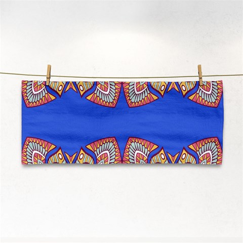 Yellow red shapes on a blue background                                                          Hand Towel from ArtsNow.com Front