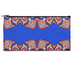 Yellow red shapes on a blue background                                                         Pencil Case from ArtsNow.com Front