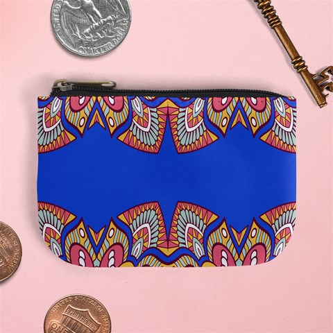 Yellow red shapes on a blue background                                                         Mini Coin Purse from ArtsNow.com Front