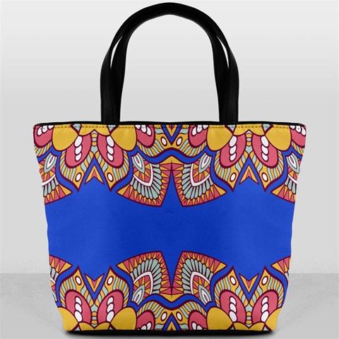 Yellow red shapes on a blue background                                                          Bucket Bag from ArtsNow.com Front