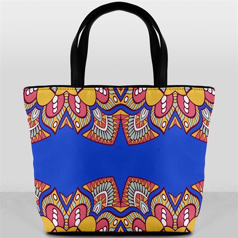 Yellow red shapes on a blue background                                                          Bucket Bag from ArtsNow.com Back