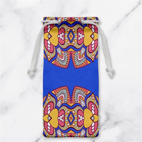 Yellow red shapes on a blue background                                                          Jewelry Bag from ArtsNow.com Front