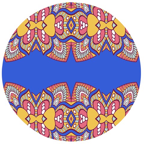 Yellow red shapes on a blue background                                                       Wooden Bottle Opener (Round) from ArtsNow.com Front