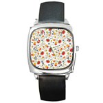 Red Yellow Flower Pattern Square Metal Watch