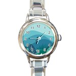 Illustration Of Palm Leaves Waves Mountain Hills Round Italian Charm Watch