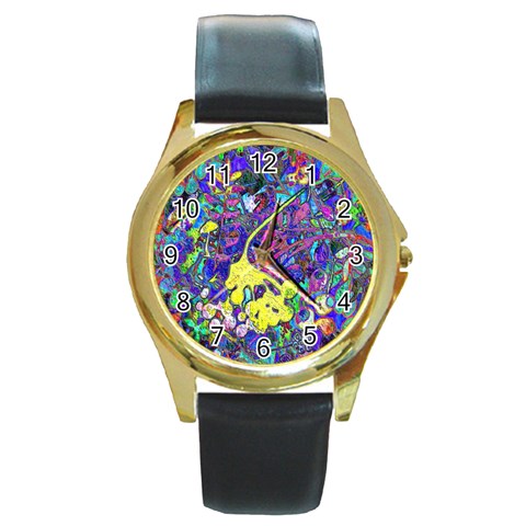 vibrant abstract floral/rainbow color Round Gold Metal Watch from ArtsNow.com Front