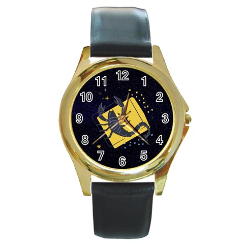 Zodiak Scorpio Horoscope Sign Star Round Gold Metal Watch from ArtsNow.com Front