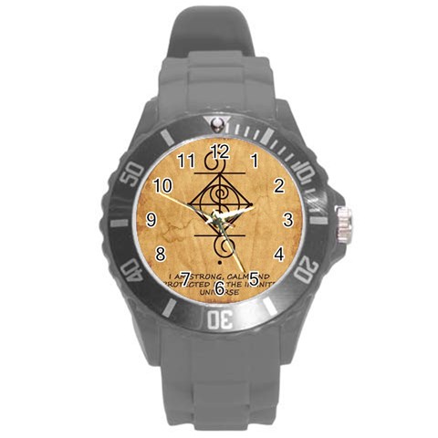 I Am Strong, Calm  And Protected By The Infinite Universe Round Plastic Sport Watch (L) from ArtsNow.com Front