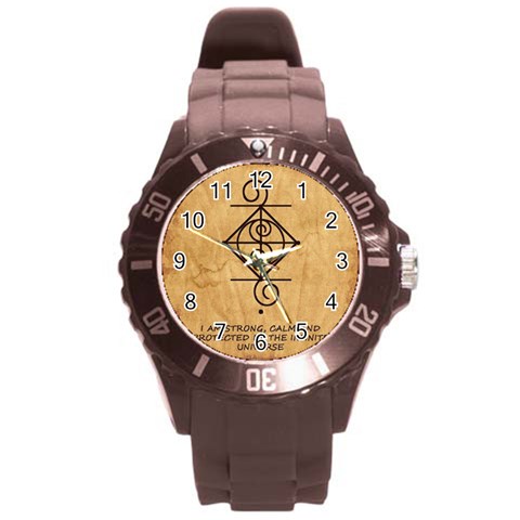 I Am Strong, Calm  And Protected By The Infinite Universe Round Plastic Sport Watch (L) from ArtsNow.com Front