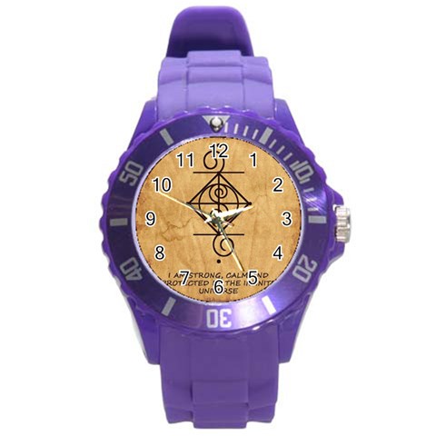 I Am Strong, Calm  And Protected By The Infinite Universe Round Plastic Sport Watch (L) from ArtsNow.com Front