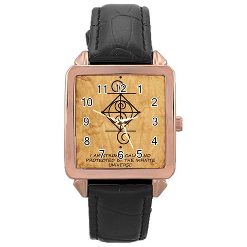 I Am Strong, Calm  And Protected By The Infinite Universe Rose Gold Leather Watch  from ArtsNow.com Front