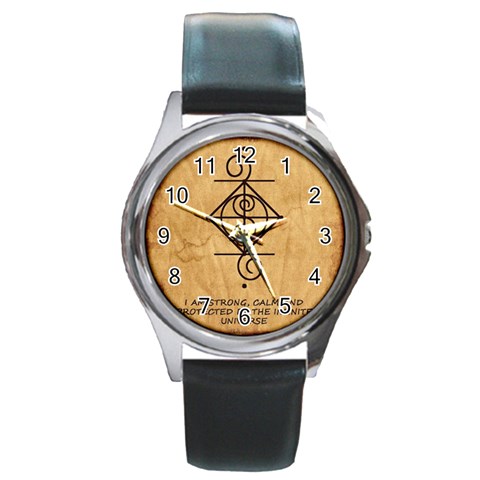 I Am Strong, Calm  And Protected By The Infinite Universe Round Metal Watch from ArtsNow.com Front