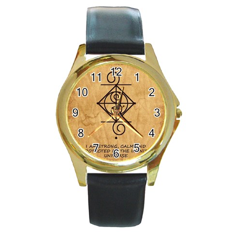I Am Strong, Calm  And Protected By The Infinite Universe Round Gold Metal Watch from ArtsNow.com Front