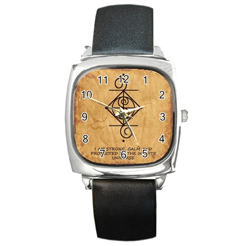 I Am Strong, Calm  And Protected By The Infinite Universe Square Metal Watch from ArtsNow.com Front