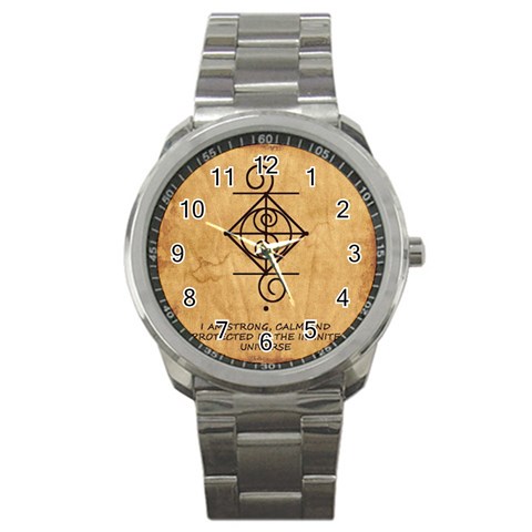 I Am Strong, Calm  And Protected By The Infinite Universe Sport Metal Watch from ArtsNow.com Front