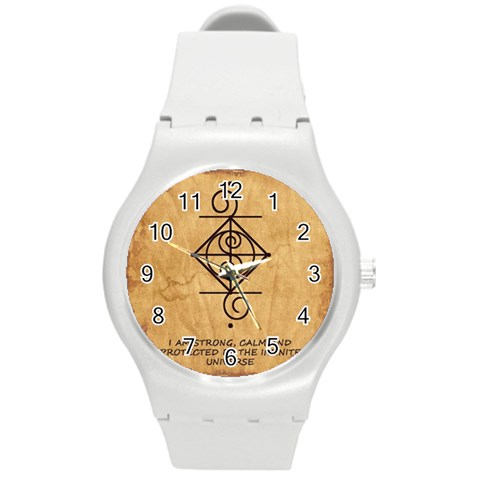 I Am Strong, Calm  And Protected By The Infinite Universe Round Plastic Sport Watch (M) from ArtsNow.com Front