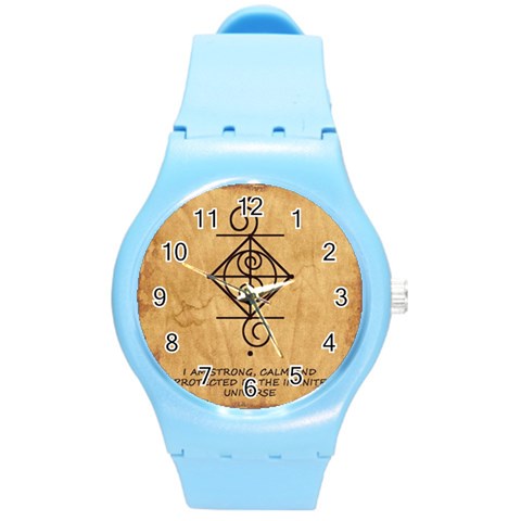 I Am Strong, Calm  And Protected By The Infinite Universe Round Plastic Sport Watch (M) from ArtsNow.com Front