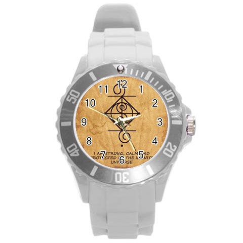 I Am Strong, Calm  And Protected By The Infinite Universe Round Plastic Sport Watch (L) from ArtsNow.com Front
