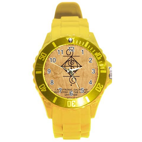 I Am Strong, Calm  And Protected By The Infinite Universe Round Plastic Sport Watch (L) from ArtsNow.com Front