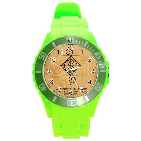 I Am Strong, Calm  And Protected By The Infinite Universe Round Plastic Sport Watch (L) from ArtsNow.com Front
