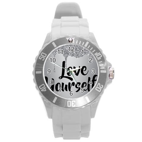 Love Yourself Round Plastic Sport Watch (L) from ArtsNow.com Front