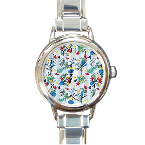 Blue Floral Stripes Round Italian Charm Watch from ArtsNow.com Front