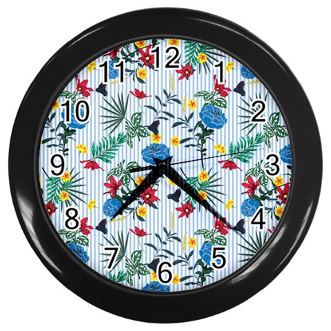 Blue Floral Stripes Wall Clock (Black) from ArtsNow.com Front