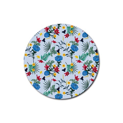 Blue Floral Stripes Rubber Coaster (Round)  from ArtsNow.com Front