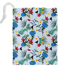 Blue Floral Stripes Drawstring Pouch (5XL) from ArtsNow.com Back