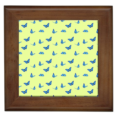 Blue butterflies at lemon yellow, nature themed pattern Framed Tile from ArtsNow.com Front