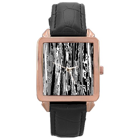 Black And White Abstract Linear Print Rose Gold Leather Watch  from ArtsNow.com Front