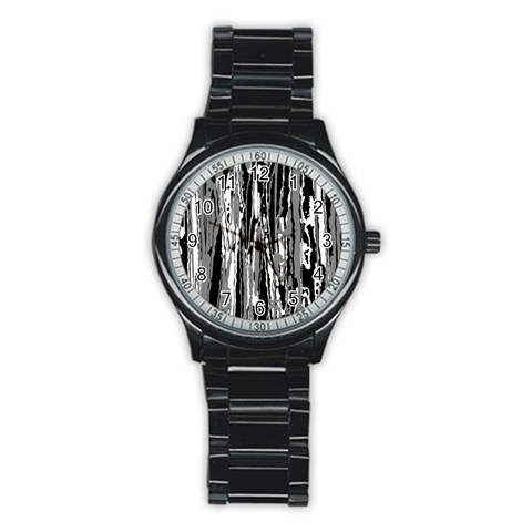 Black And White Abstract Linear Print Stainless Steel Round Watch from ArtsNow.com Front