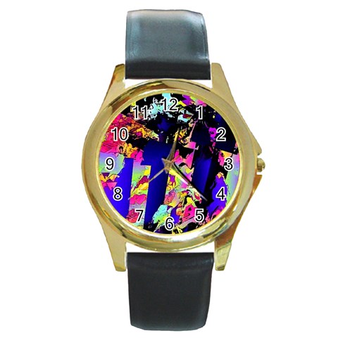 Neon Aggression Round Gold Metal Watch from ArtsNow.com Front
