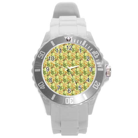 Green Pastel Pattern Round Plastic Sport Watch (L) from ArtsNow.com Front