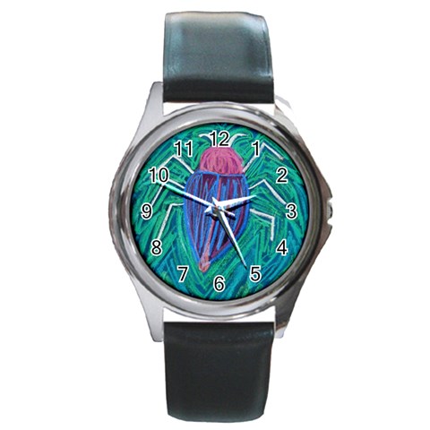 Big Green Bug  Round Metal Watch from ArtsNow.com Front