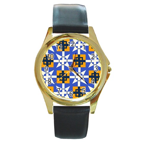 Shapes on a blue background                                                           Round Gold Metal Watch from ArtsNow.com Front