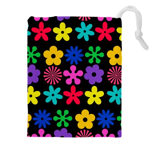 Colorful flowers on a black background pattern                                                        Drawstring Pouch (5XL) from ArtsNow.com Front