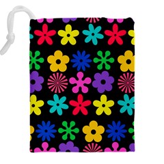 Colorful flowers on a black background pattern                                                        Drawstring Pouch (5XL) from ArtsNow.com Back