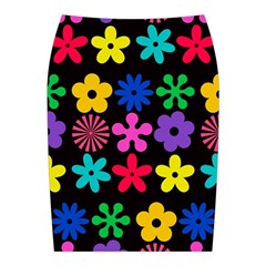 Colorful flowers on a black background pattern                                                           Midi Wrap Pencil Skirt from ArtsNow.com Back