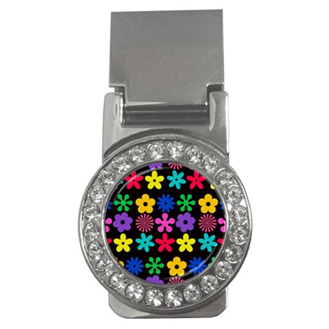 Colorful flowers on a black background pattern                                                            Money Clip (CZ) from ArtsNow.com Front