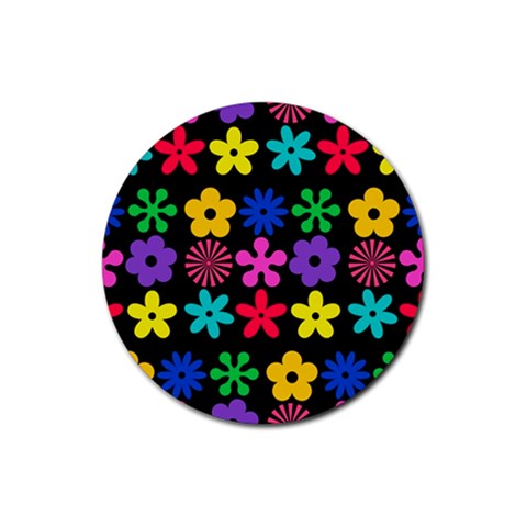 Colorful flowers on a black background pattern                                                            Rubber Coaster (Round) from ArtsNow.com Front