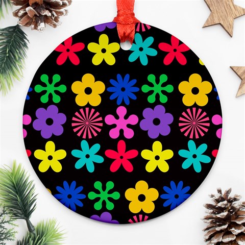 Colorful flowers on a black background pattern                                                            Ornament (Round) from ArtsNow.com Front