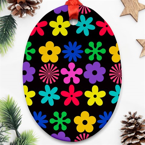 Colorful flowers on a black background pattern                                                            Ornament (Oval) from ArtsNow.com Front