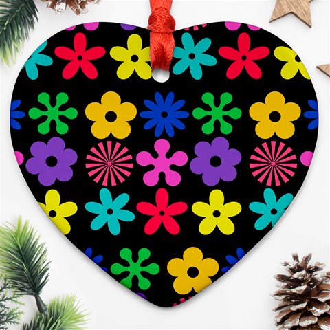 Colorful flowers on a black background pattern                                                            Ornament (Heart) from ArtsNow.com Front