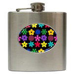 Colorful flowers on a black background pattern                                                            Hip Flask (6 oz)