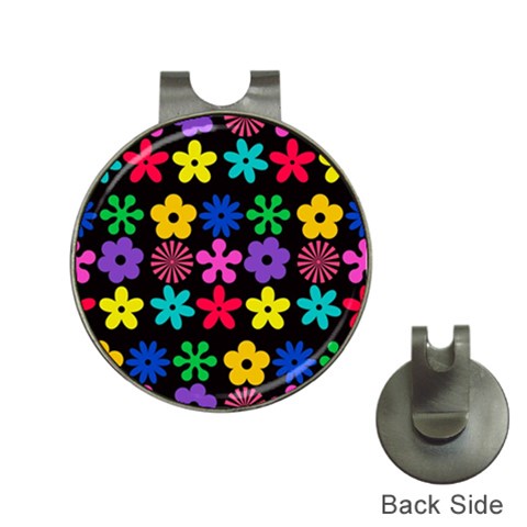 Colorful flowers on a black background pattern                                                            Golf Ball Marker Hat Clip from ArtsNow.com Front