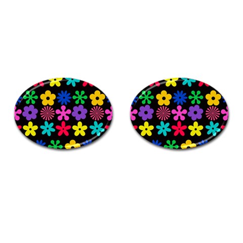 Colorful flowers on a black background pattern                                                            Cufflinks (Oval) from ArtsNow.com Front(Pair)